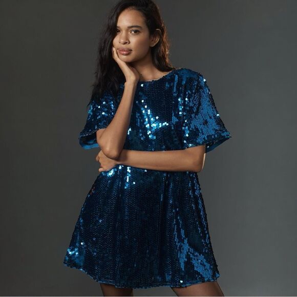 NWT Anthropologie Maeve Emmy Short-Sleeve Swing Mini Dress Sequin Blue Size S - Picture 3 of 4